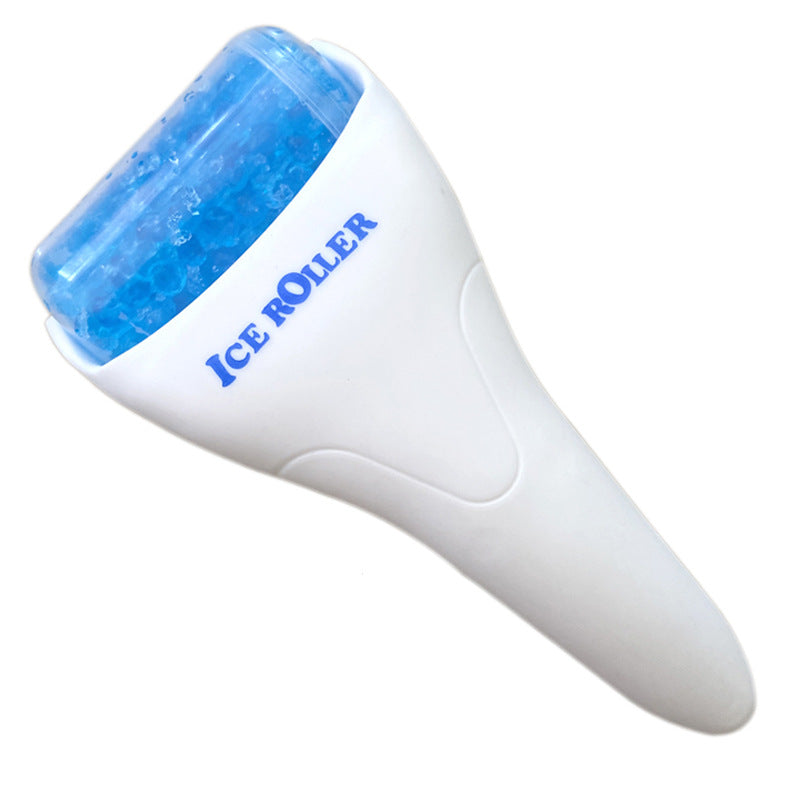 Blue ice roller for cooling facial massage, close-up on roller head