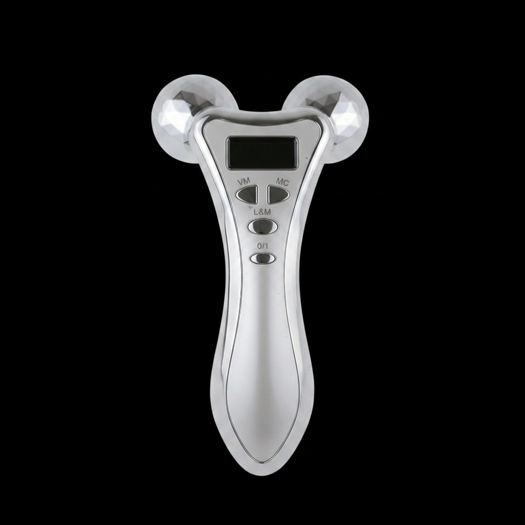 Silver dual-ball facial roller with digital screen and controls
