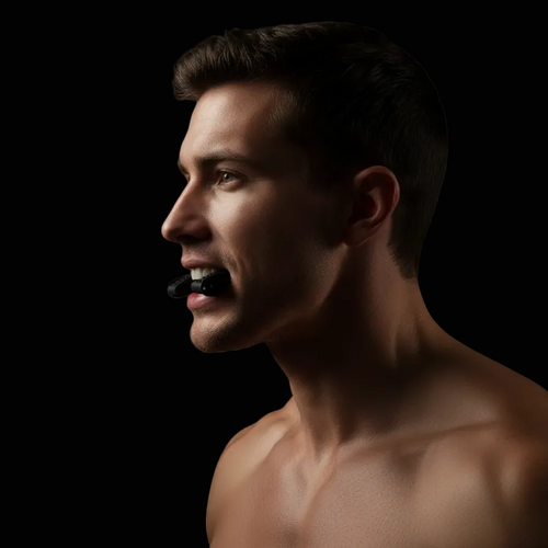 Man in profile with strong jawline using jaw trainer