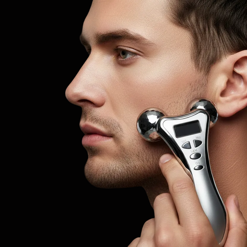 Masculine man with strong jawline on black background